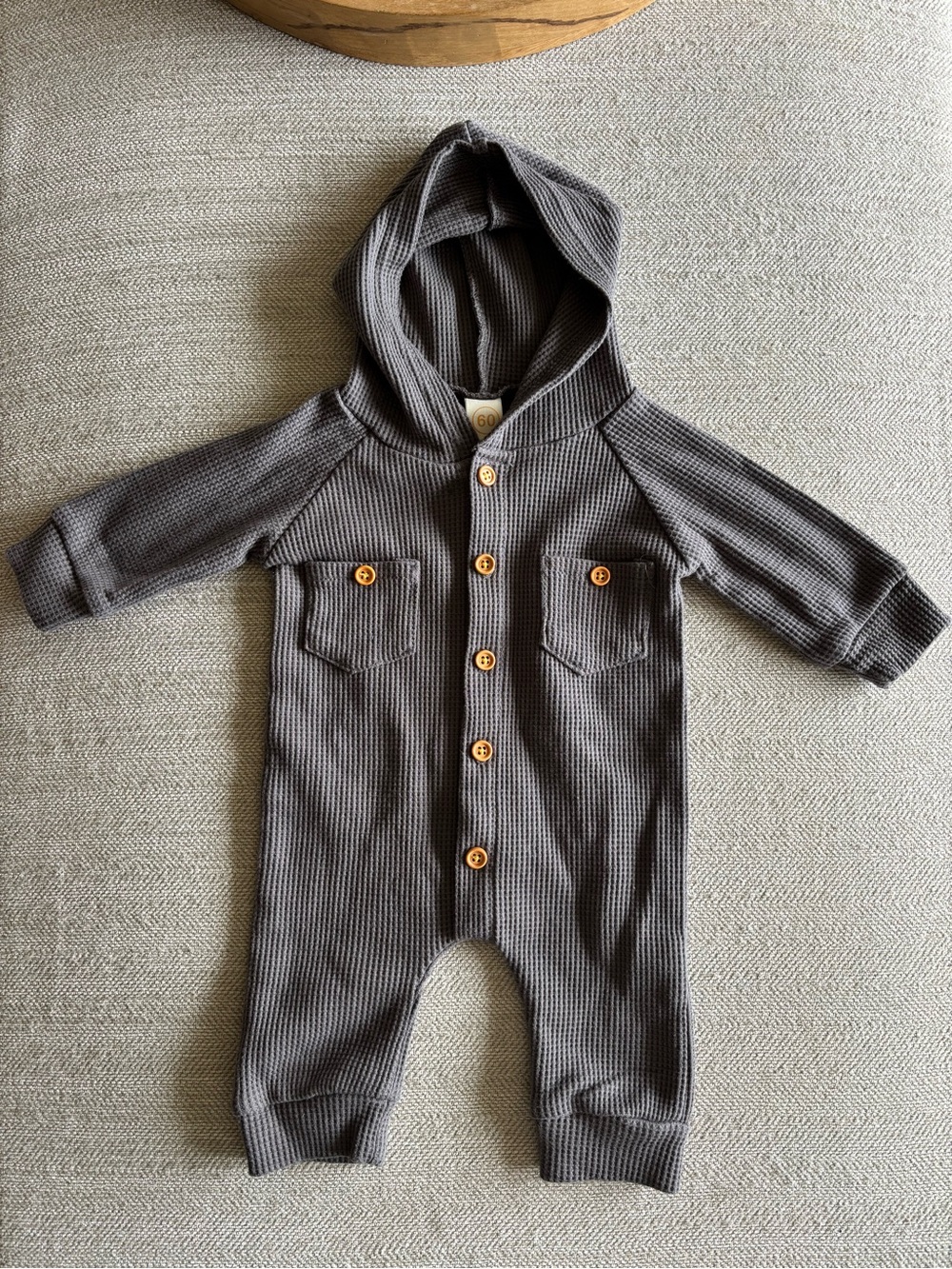 Hooded Waffle-Knit Baby One-Piece in Charcoal Gray